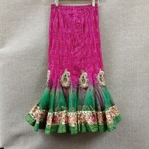 Lehenga Skirt 25-27” Waist Couture Pink Green Embroidered Silk Festive Wedding